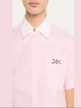 Versace Pastel Pink Striped Button-Down Shirt with White Collar